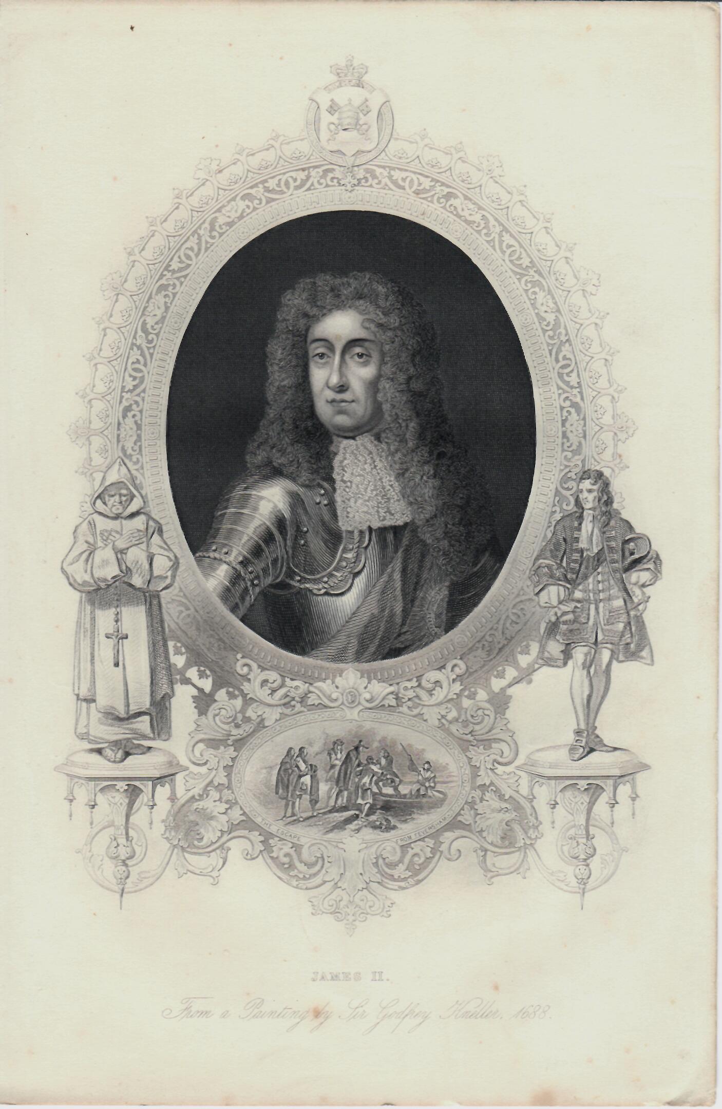 Incisione inglese Re James II°. Epoca XIX°sec.