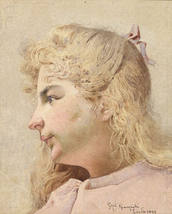 Acquerello fanciulla in rosa di Settimio Giampietri