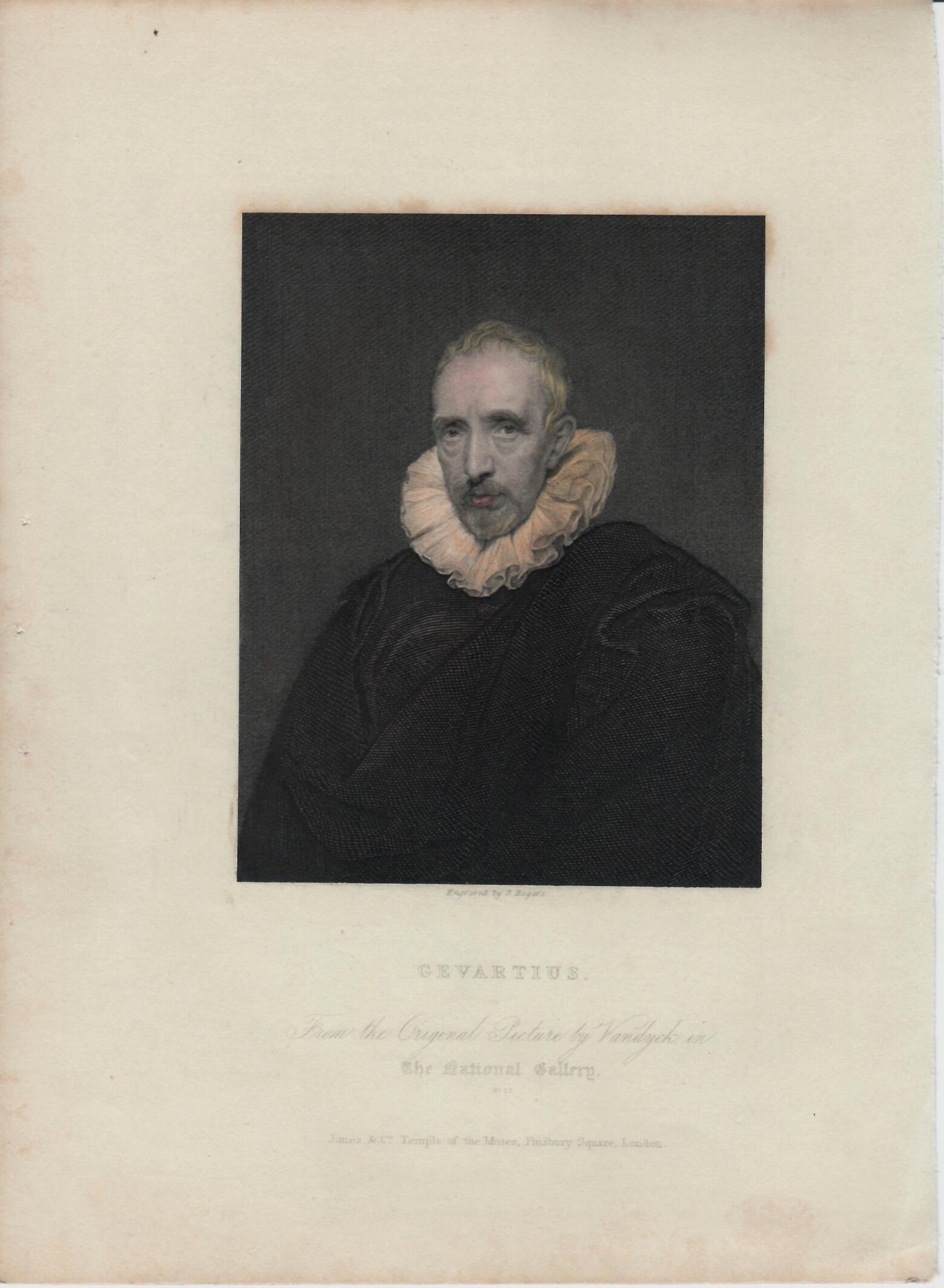 Incisione inglese acquerellata Gevartius. Epoca XIX°sec.