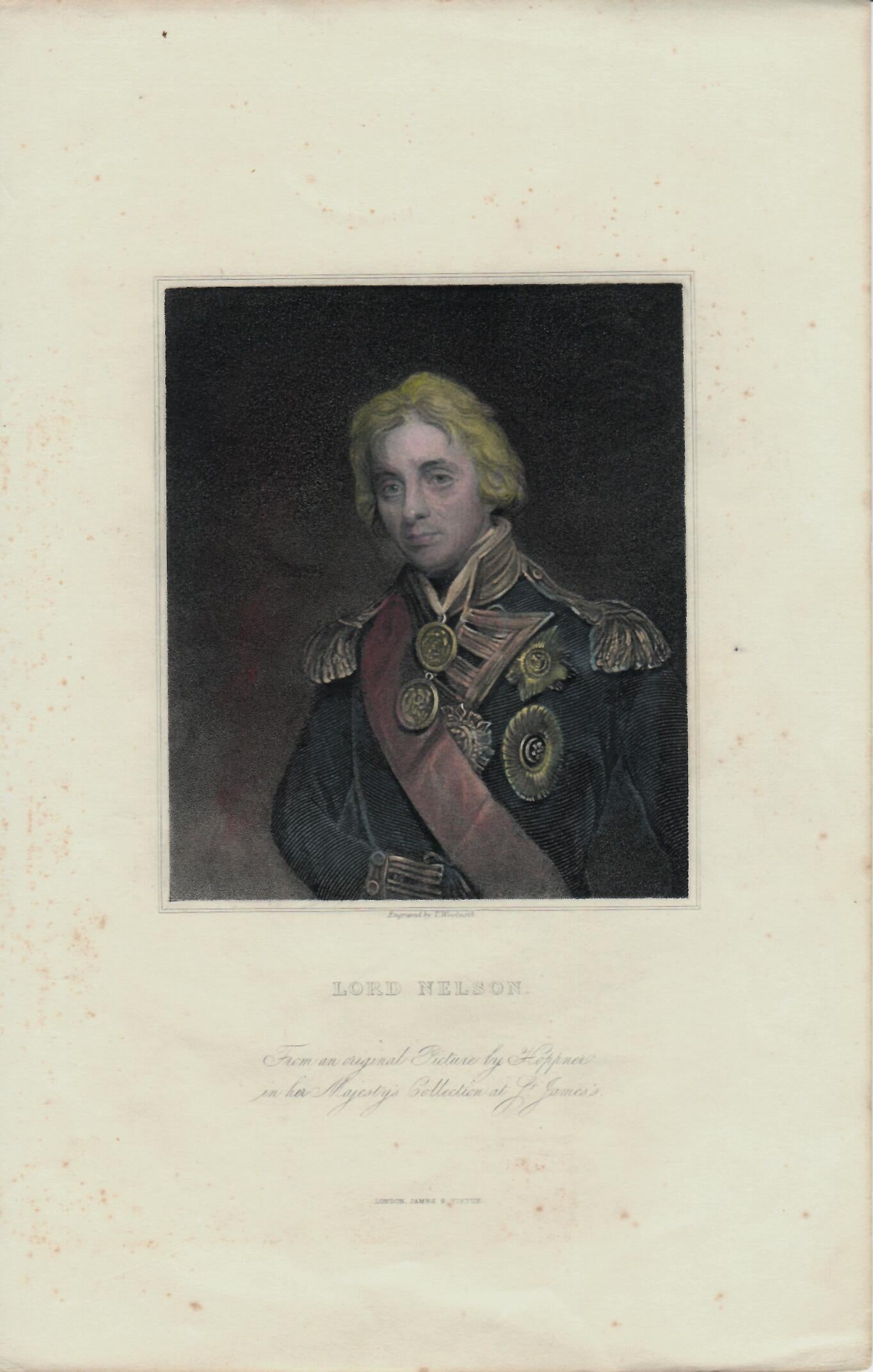 Incisione inglese acquerellata Lord Nelson. Epoca XIX°sec.