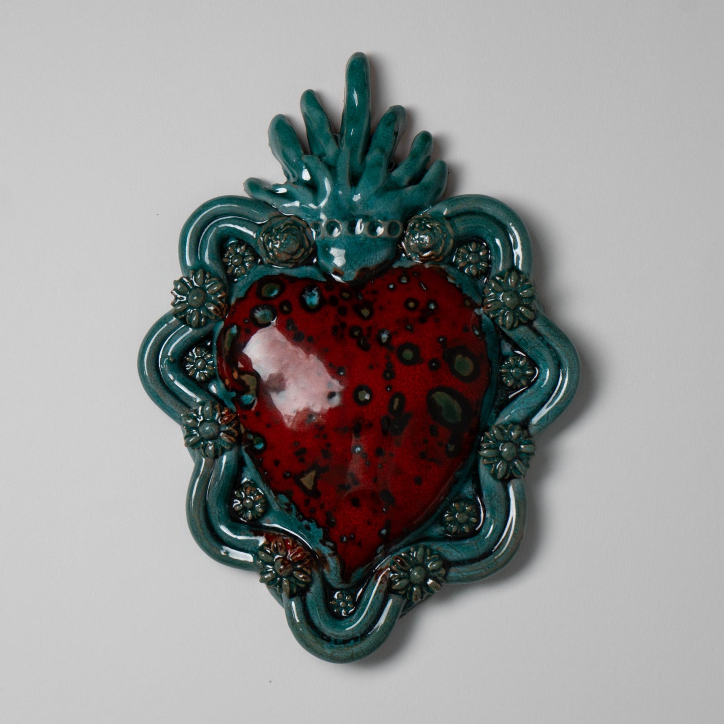 Cuore Ex Voto in Ceramica Siciliana colore Celeste e Rosso
