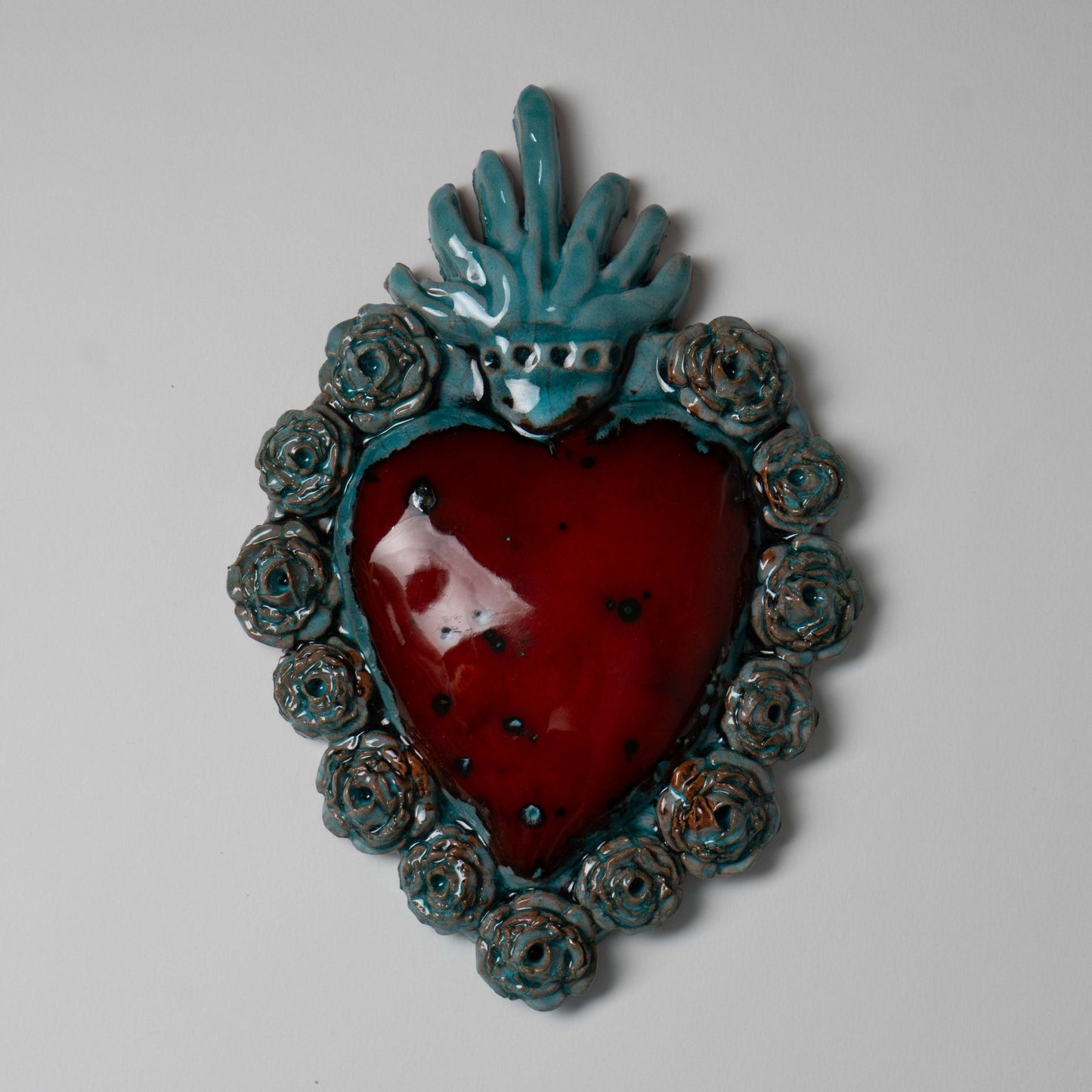 Cuore Ex Voto in Ceramica Siciliana colore Celeste e Rosso