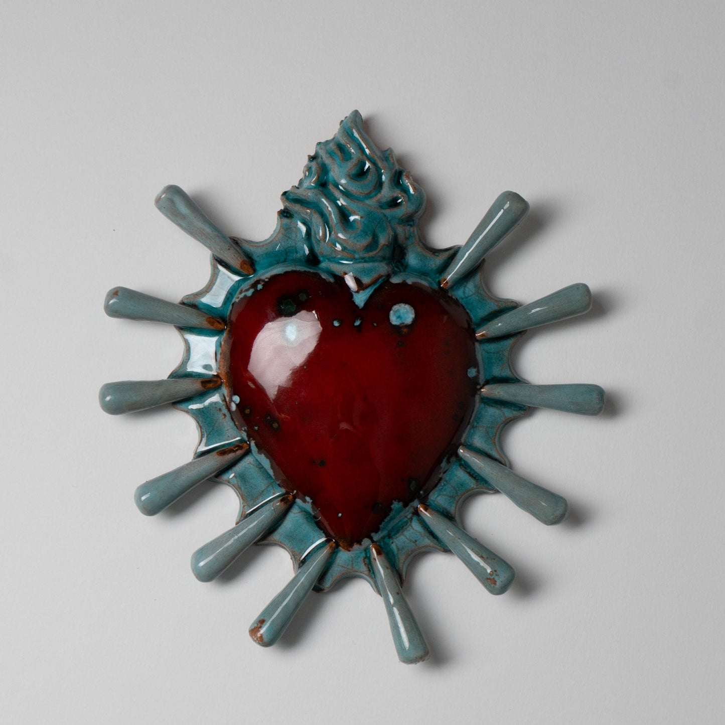 Cuore Ex Voto in Ceramica Siciliana colore Celeste e Rosso