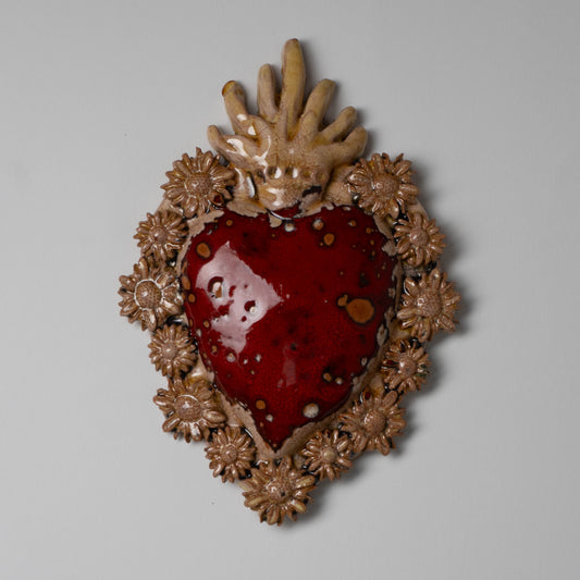 Cuore Ex Voto in Ceramica Siciliana colore Beige e Rosso