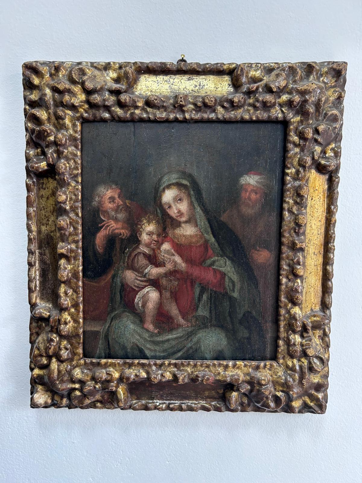 Olio su tavola. Sacra famiglia Madonna del latte. Italia XVI° sec.