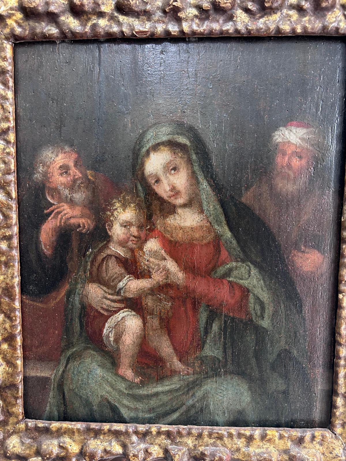 Olio su tavola. Sacra famiglia Madonna del latte. Italia XVI° sec.