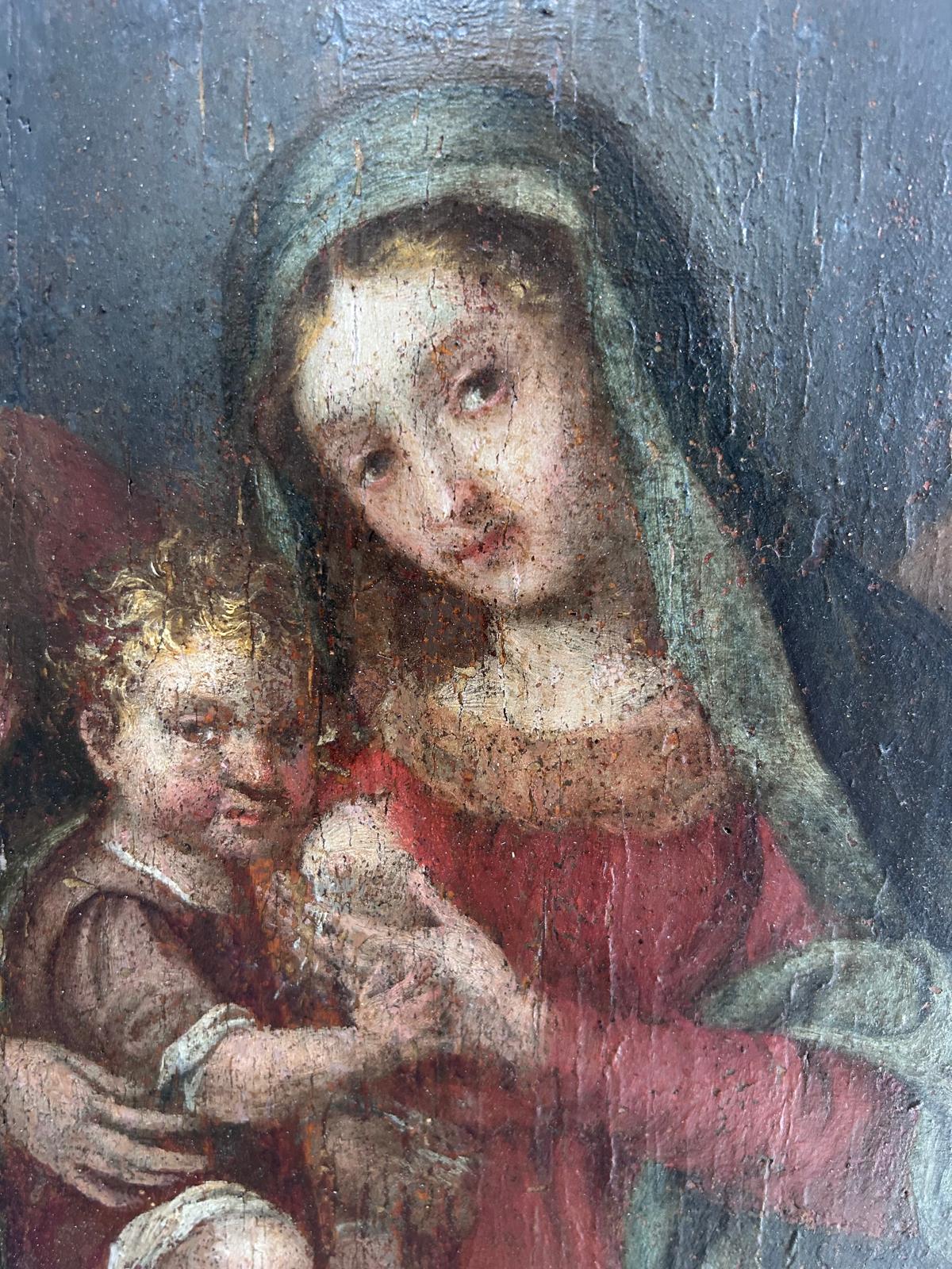 Olio su tavola. Sacra famiglia Madonna del latte. Italia XVI° sec.